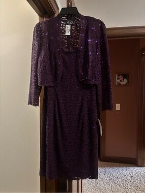 Alex Evenings Dark Purple Lace Sequin Midi Dress with Cropped Jacket
